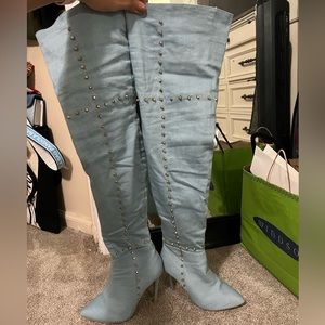 Thigh high light denim stretch stiletto boot